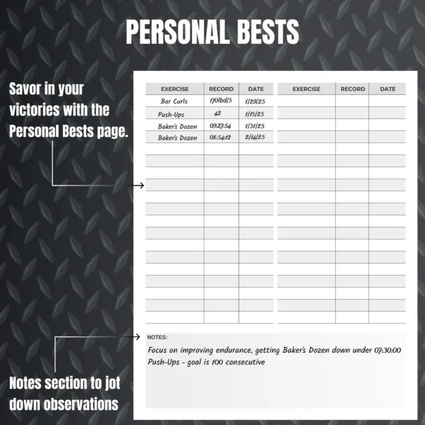 Black Label Workout Log Personal Bests Page